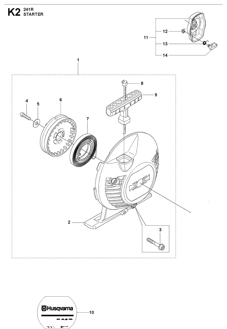 Starter Diagram and Parts List for 241R 20144900001-Current Husqvarna Brush Cutter