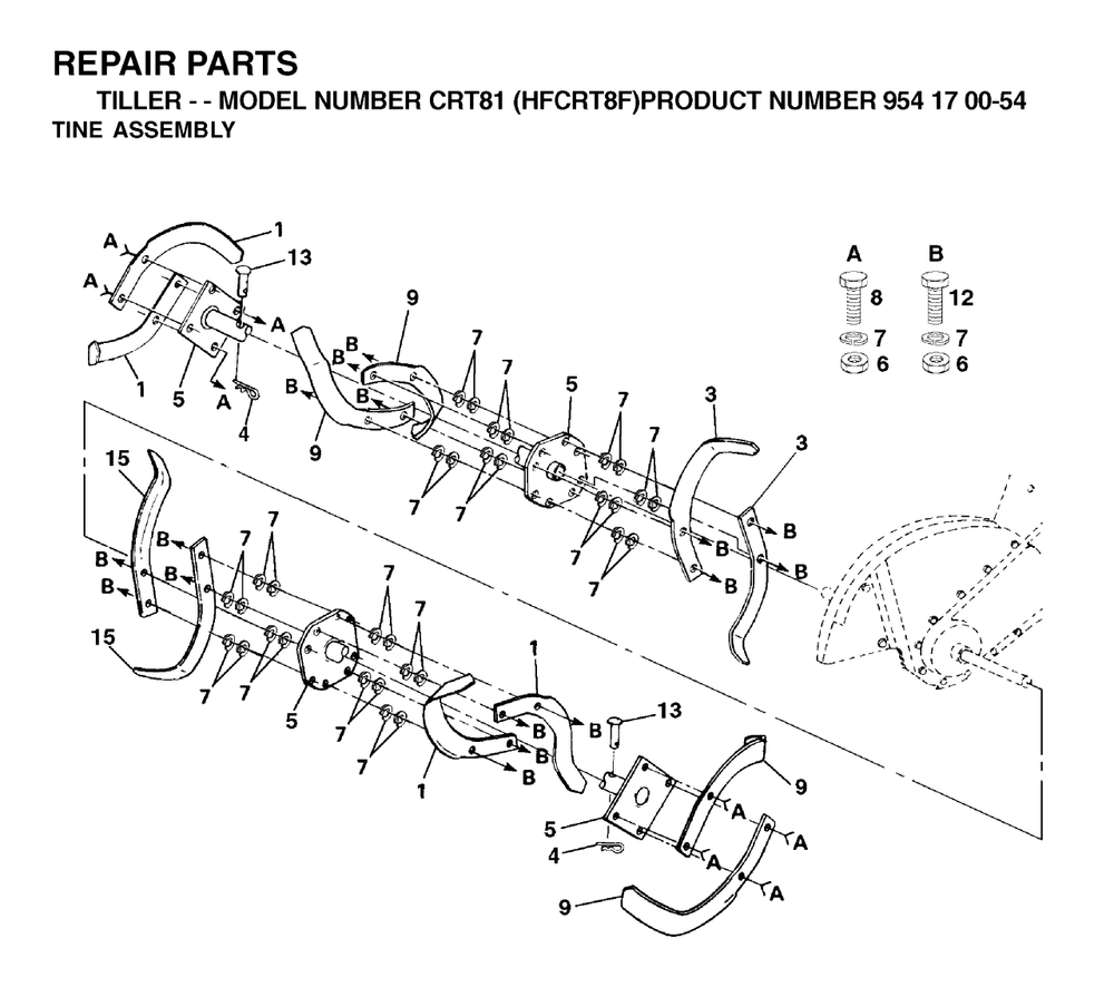 Tine Assembly Diagram and Parts List for CRT81 (954170054-F)(2002-01) Husqvarna Tiller