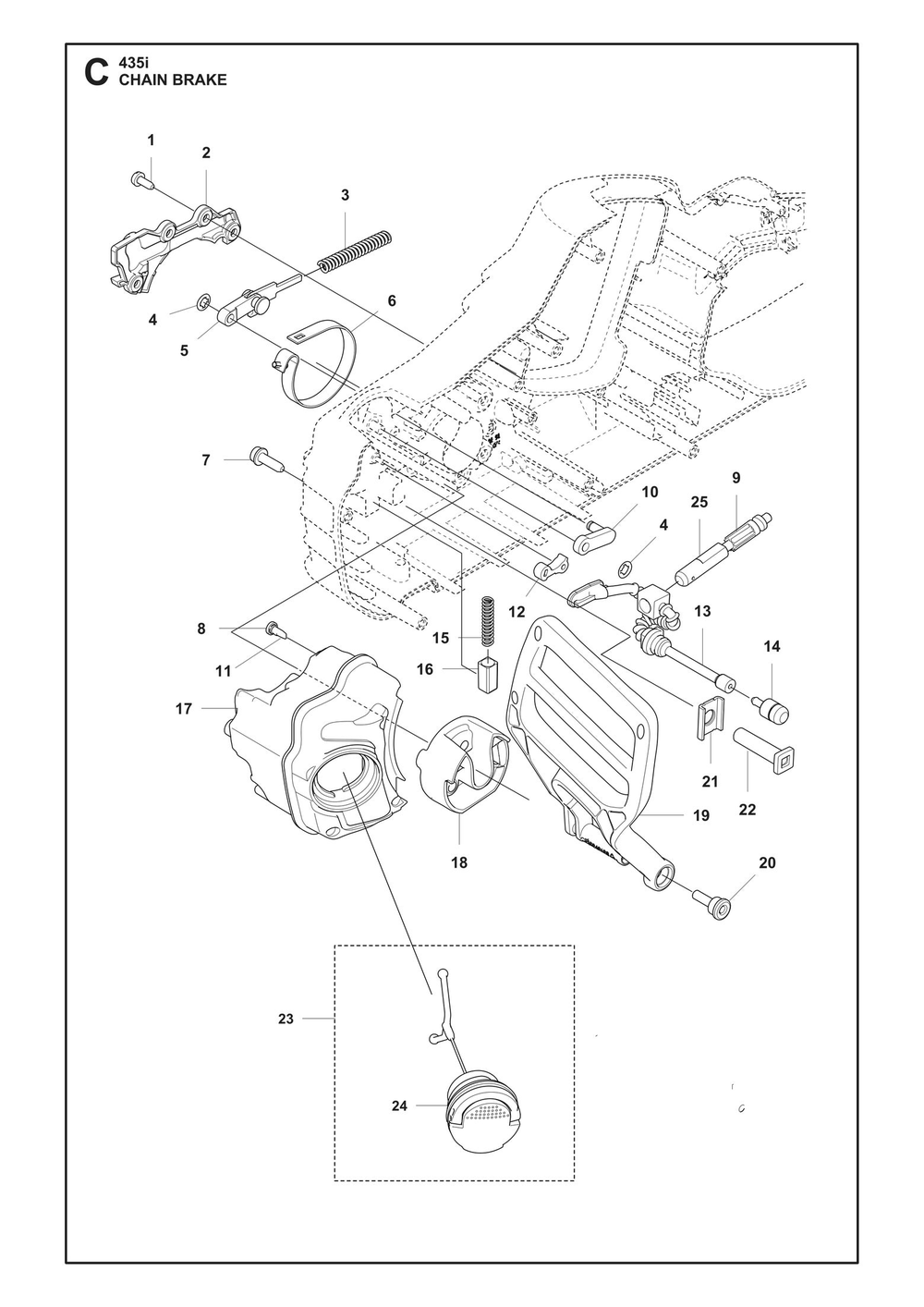 Chain Brake Diagram and Parts List for 435I  Husqvarna Chainsaw