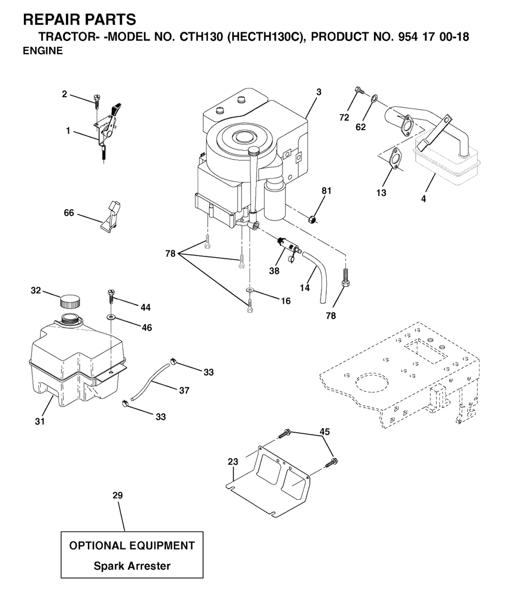 Engine And Cutting Equipment Diagram and Parts List for CTH130 (954170018-C)(2001-02) Husqvarna Lawn Tractor