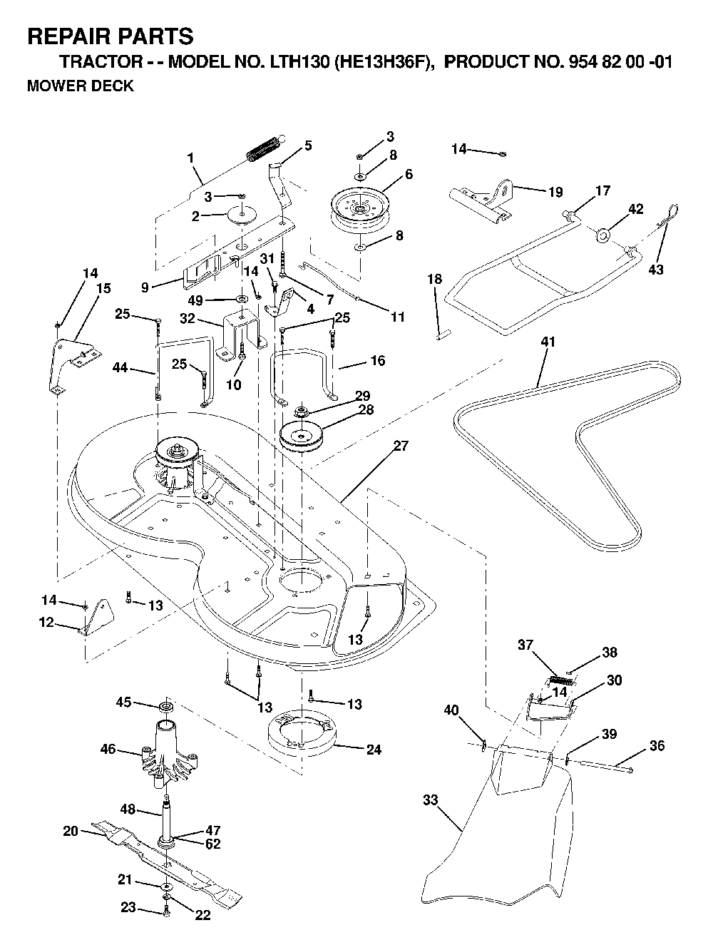 Mower Deck / Cutting Deck Diagram and Parts List for LTH130 (HE13H36F, 954820001)(1998-12) Husqvarna Lawn Tractor