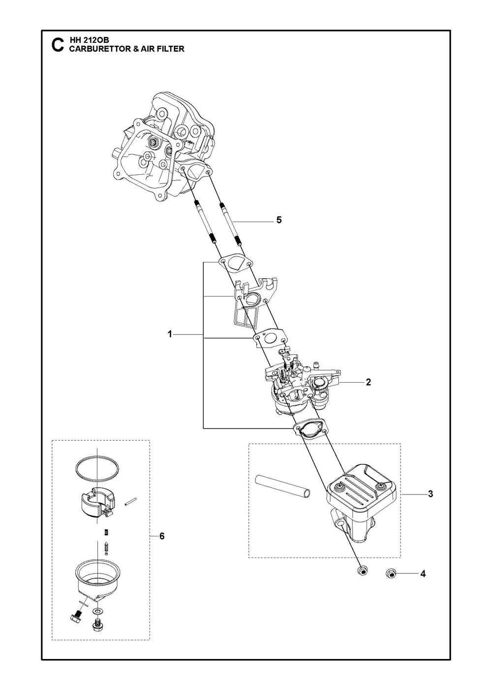 Carburetor And Air Filter Diagram and Parts List for HH212OB  Husqvarna Engine