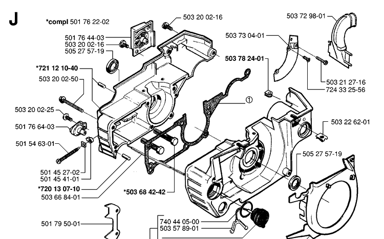 Crankcase Diagram and Parts List for 55 (RANCHER)(19983100001-20001900000) Husqvarna Chainsaw