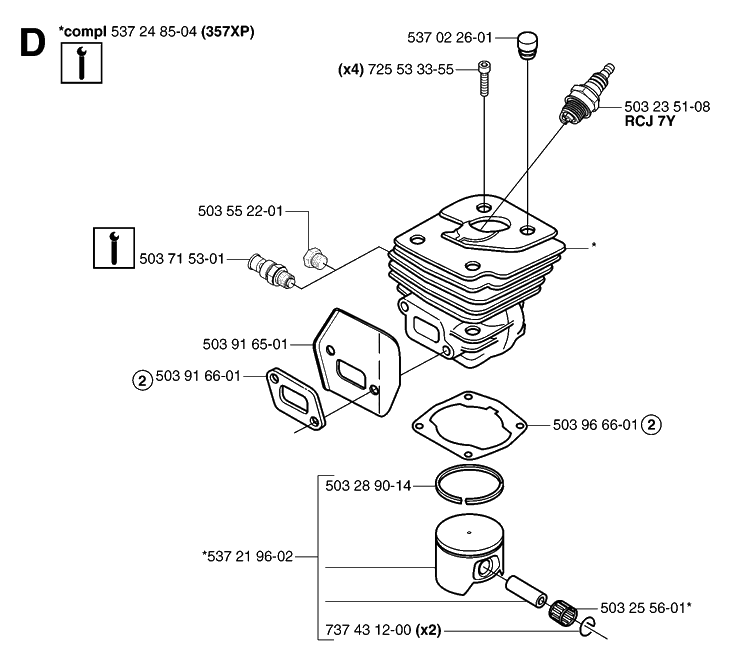 Cylinder Piston 2 Diagram and Parts List for 359 20060600001-20070900000 Husqvarna Chainsaw