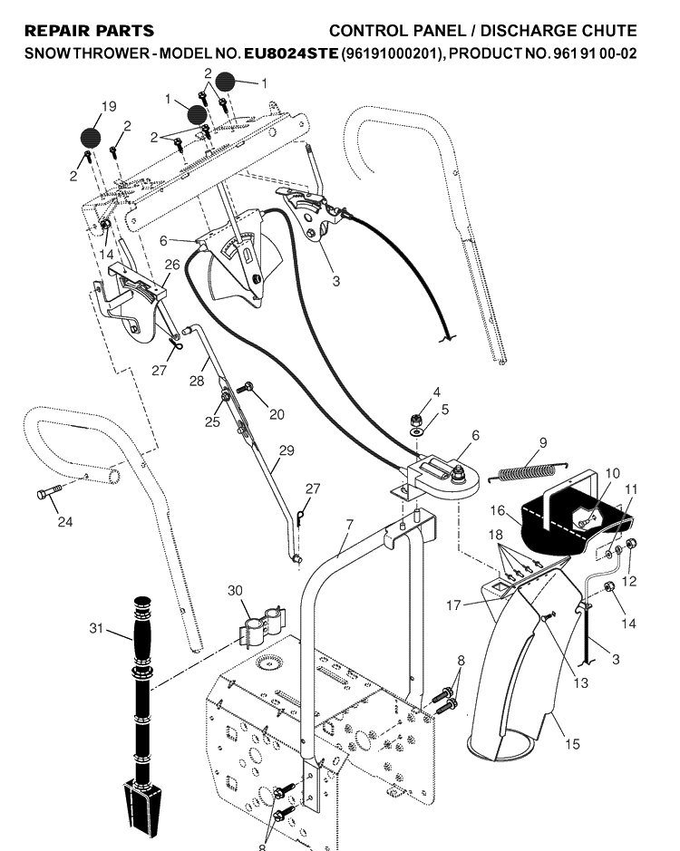Control Panel And Discharge Chute Diagram and Parts List for 8024STE (96191000201)(2007-01) Husqvarna Snow Blower