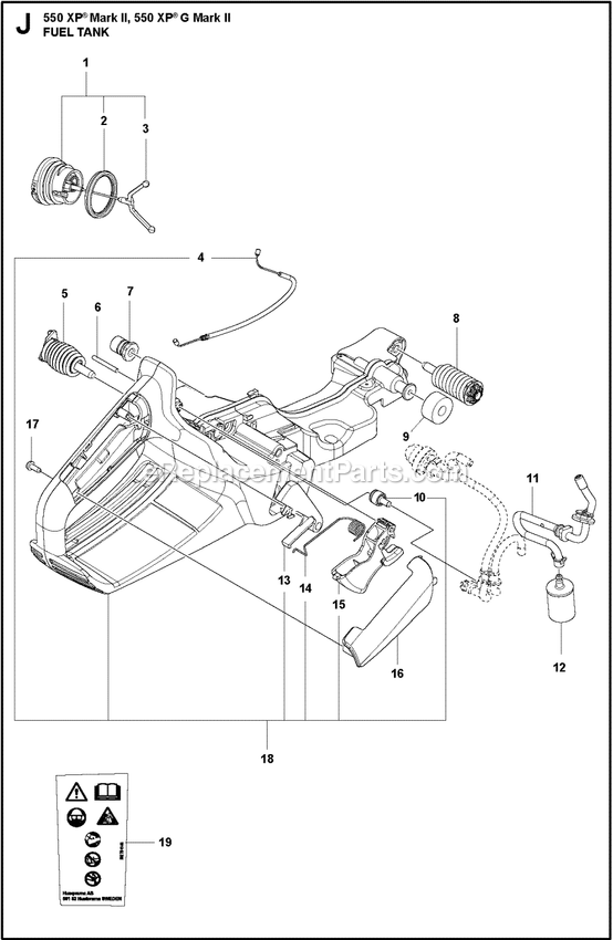 Fuel Tank Diagram and Parts List for 550XPGMARKII  Husqvarna Chainsaw