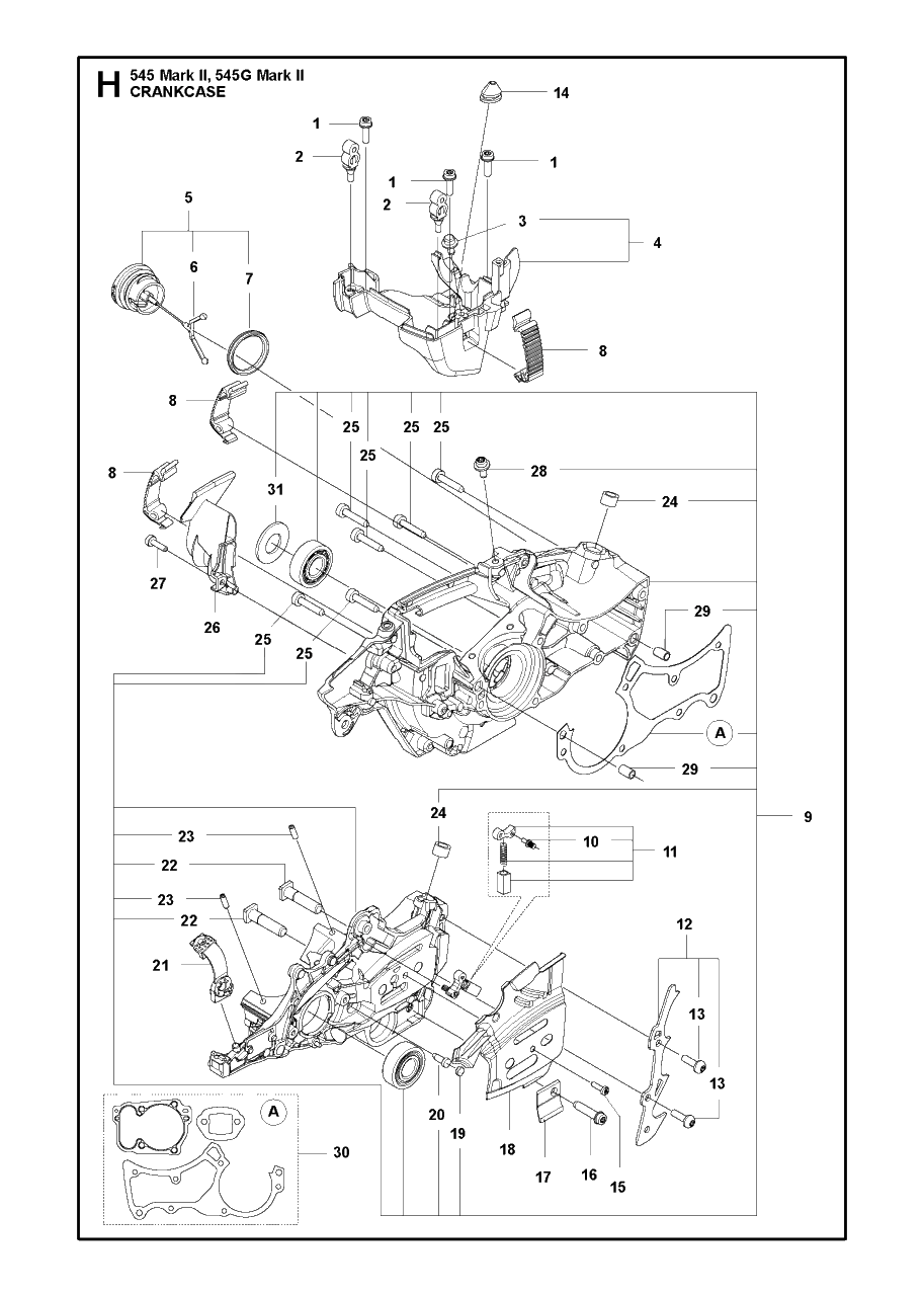 Crankcase Diagram and Parts List for 545-545G Mark II Husqvarna Chainsaw