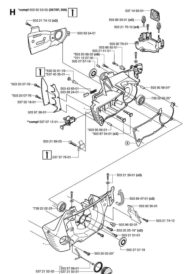 Crankcase Diagram and Parts List for 359 20060600001-20070900000 Husqvarna Chainsaw
