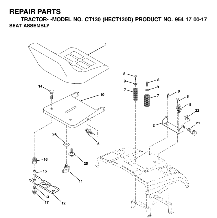 Seat Diagram and Parts List for CT130 (HECT130D)(2001-01) Husqvarna Lawn Tractor