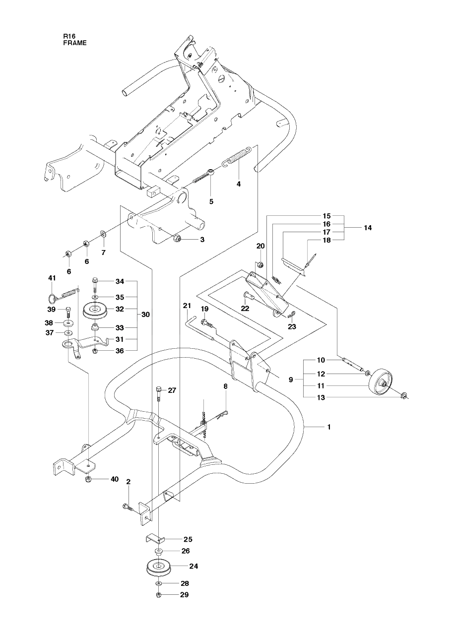 Frame Diagram and Parts List for R16 (965161601)(2010-07) Husqvarna Lawn Tractor