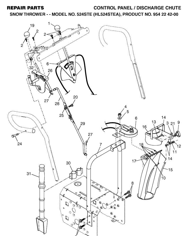 Control Panel And Discharge Chute Diagram and Parts List for 524STE (HL524STEA)(2004-08) Husqvarna Snow Blower