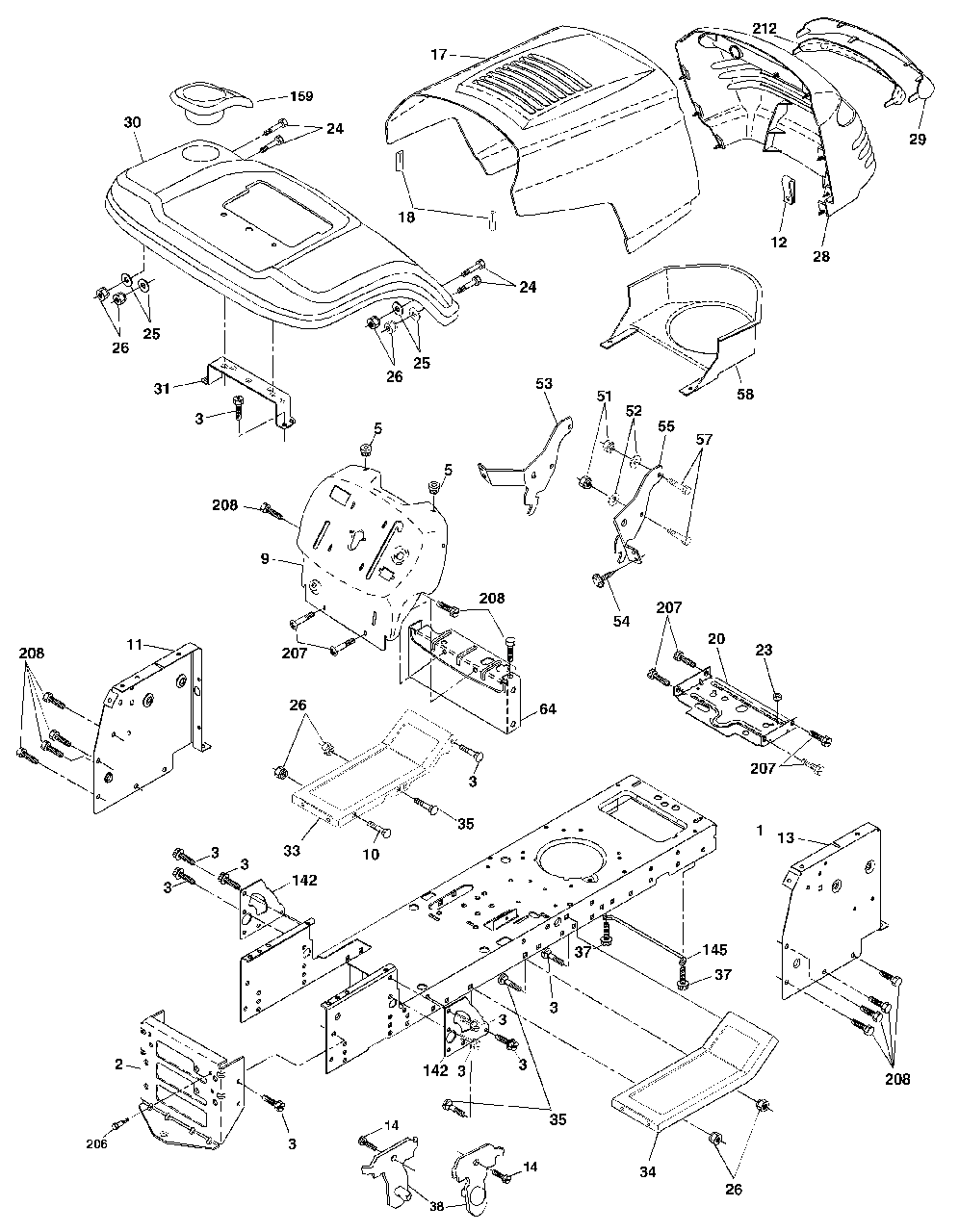 Chassis And Enclosures Diagram and Parts List for YTH1542 (954567048-C)(2001-04) Husqvarna Lawn Tractor