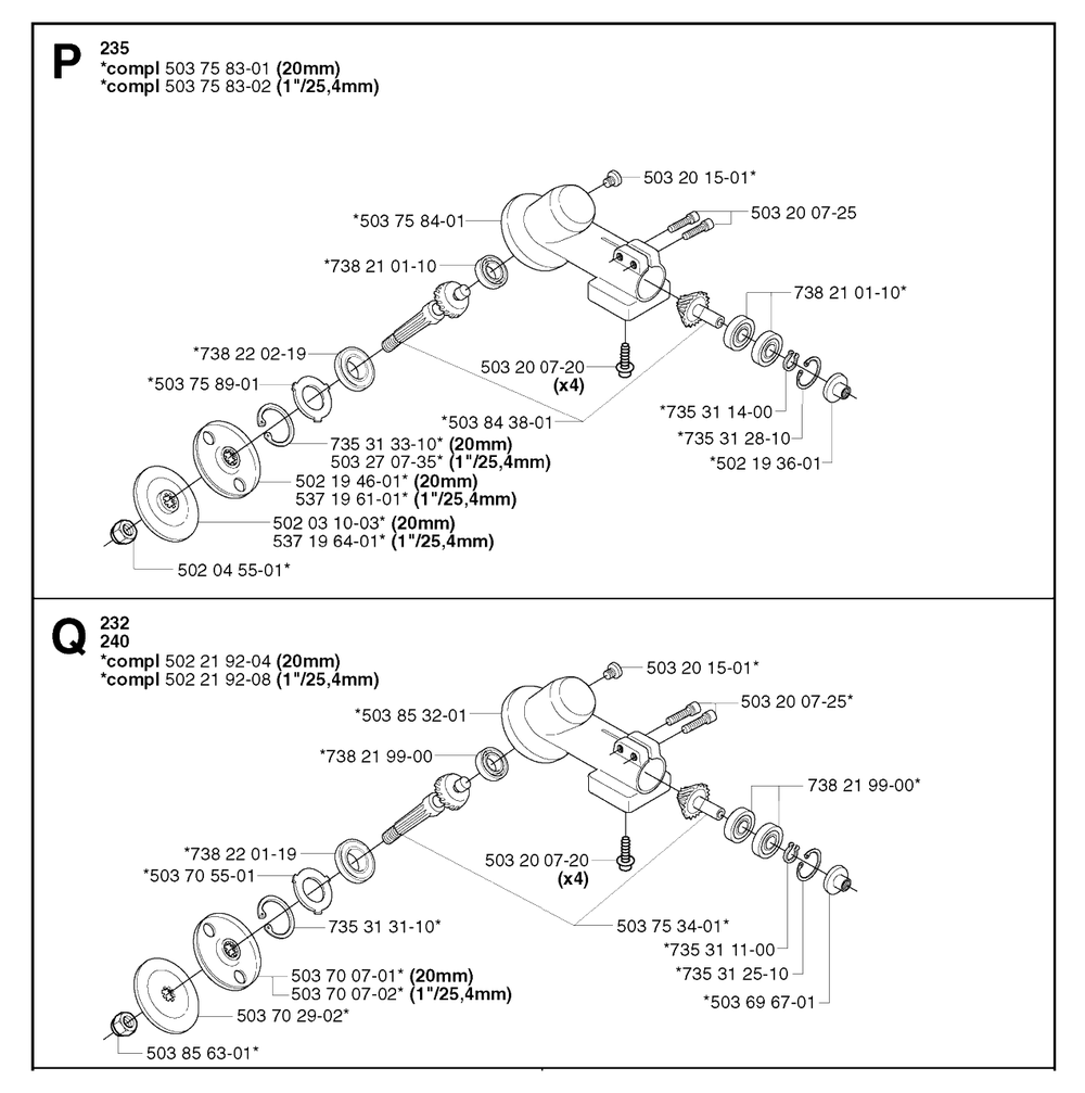 Bevel Gear Diagram and Parts List for 240RJ 20023500001 & Above Husqvarna Trimmer