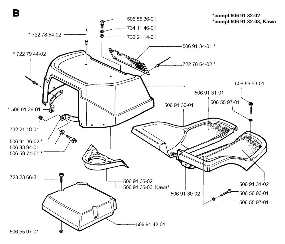 Hood Diagram and Parts List for R850 1996-01 Husqvarna Lawn Tractor