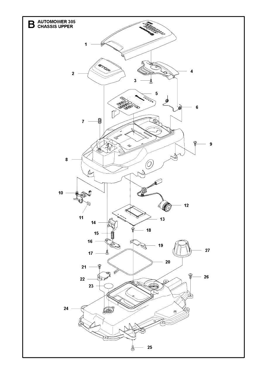 Chassis Upper Diagram and Parts List for 305 2013-06 Husqvarna Lawn Mower