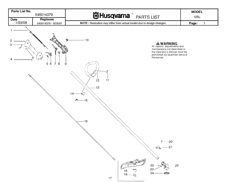 Shaft And Handle Diagram and Parts List for 125L 20082200001-Current Husqvarna Edger