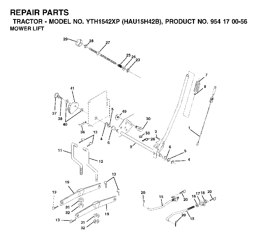 Mower Lift / Deck Lift Diagram and Parts List for YTH1542XP (HAU15H42B, 954170056)(2003-01) Husqvarna Lawn Tractor