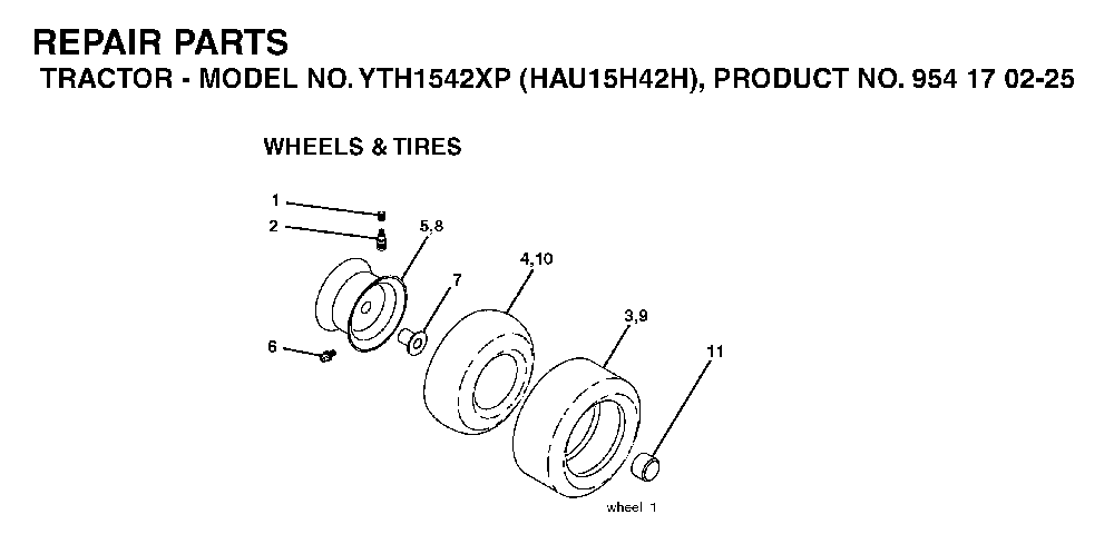 Wheels And Tires Diagram and Parts List for YTH1542XP (HAU15H42H, 954170225)(2004-09) Husqvarna Lawn Tractor
