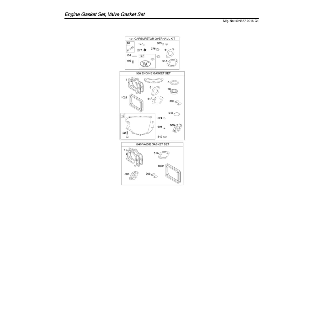 Engine >> Engine & Valve Gasket Sets Diagram and Parts List for 96043030200  Husqvarna Lawn Tractor