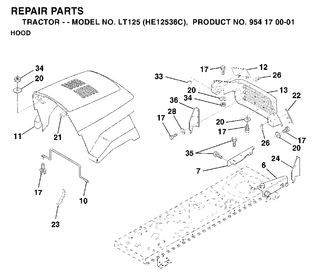 Hood Diagram and Parts List for LT125 (HE12536C, 954170001)(1996-01) Husqvarna Lawn Tractor