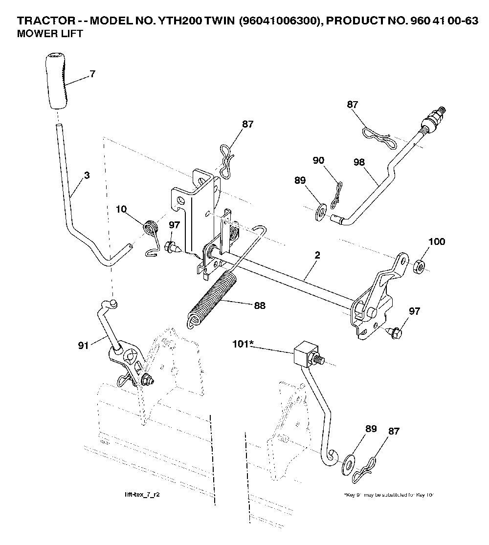 Mower Lift / Deck Lift Diagram and Parts List for YTH200TWIN (96041006400)(2007-10) Husqvarna Lawn Tractor
