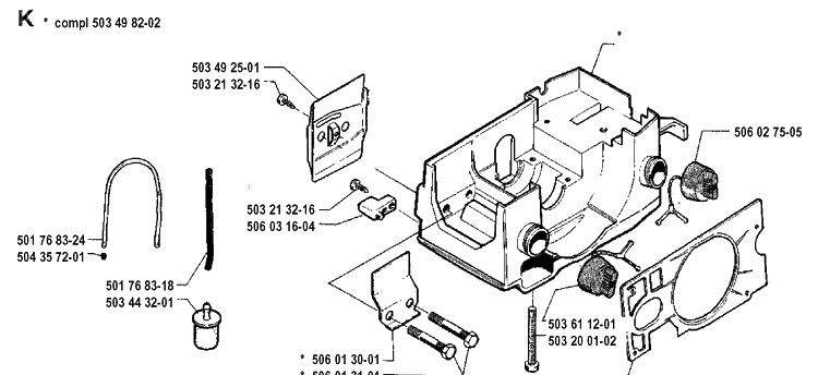 Crankcase Diagram and Parts List for 45 19902200001-19912200000 Husqvarna Chainsaw