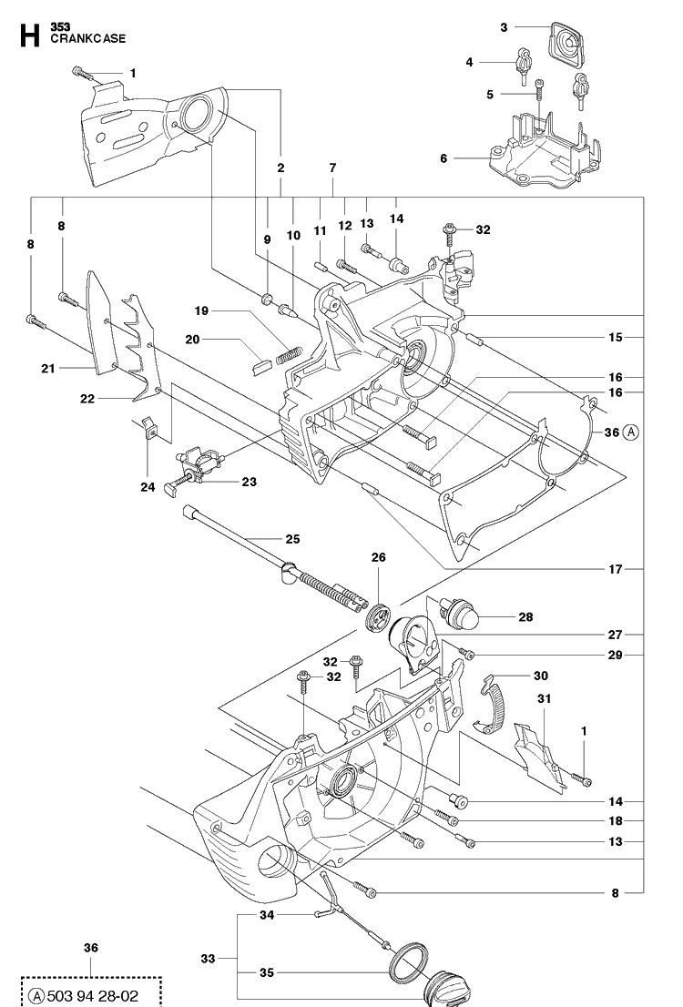 Crankcase Diagram and Parts List for 353  Husqvarna Chainsaw