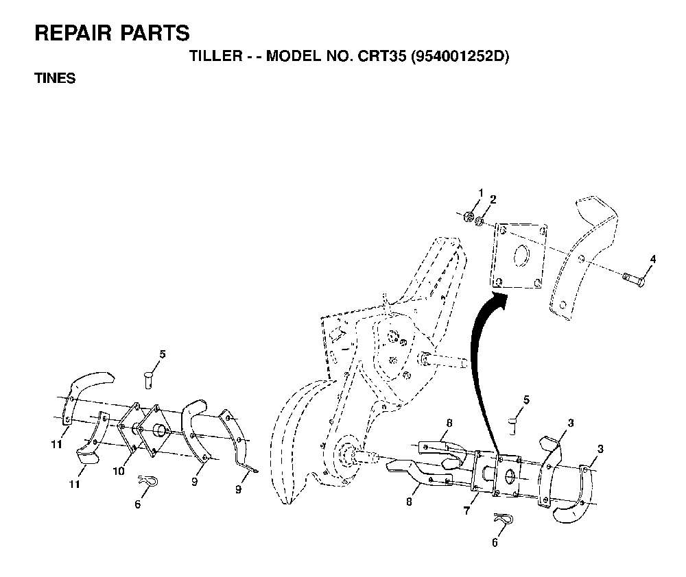 Tine Assembly Diagram and Parts List for CRT35 (954001252D)(1996-03) Husqvarna Tiller