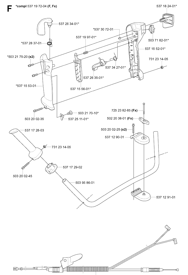 Handle And Controls Diagram and Parts List for 343F 20043100001-20064000000 Husqvarna Brush Cutter