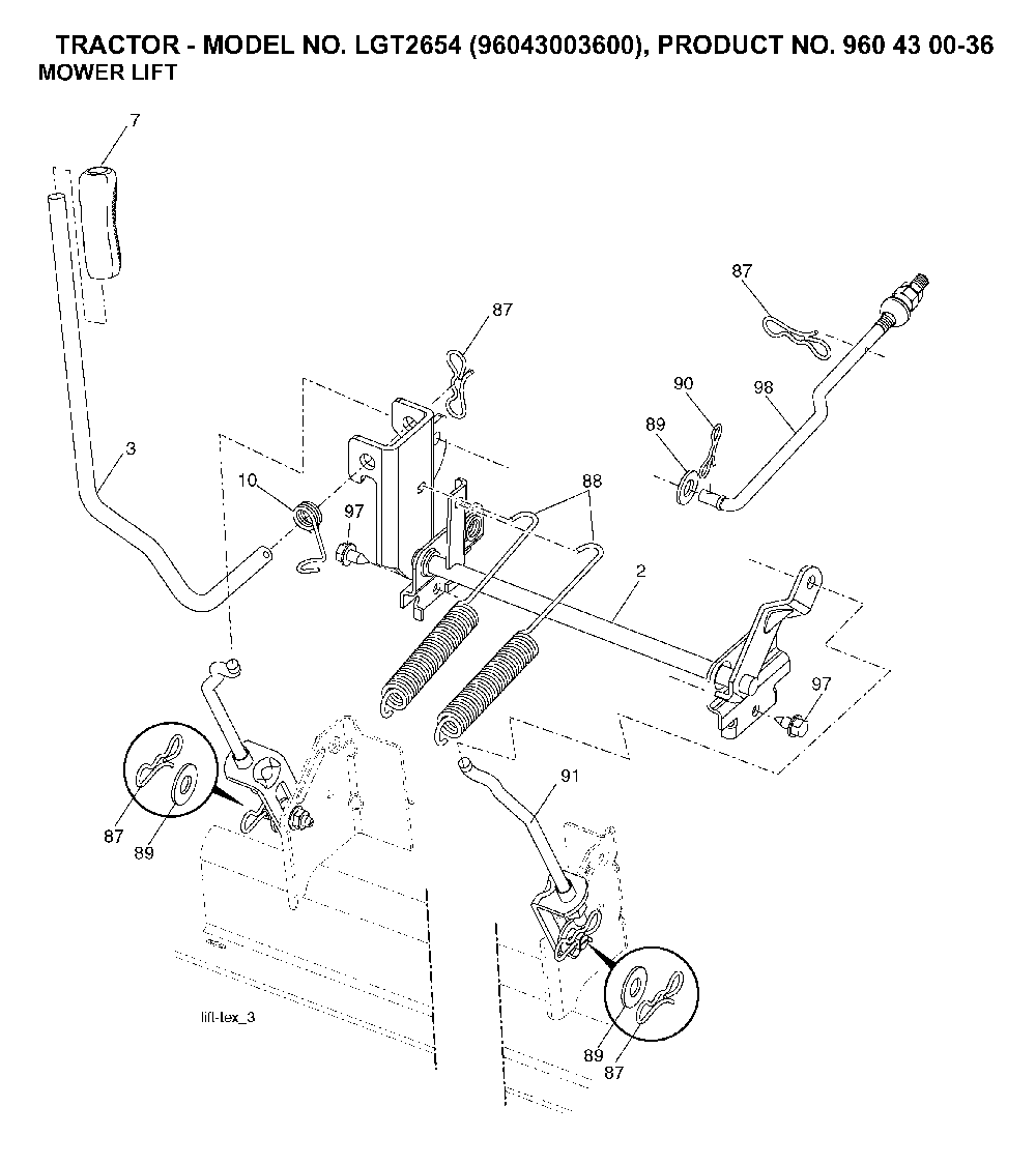 Mower Lift / Deck Lift Diagram and Parts List for LGT2654 (96043003600, 960430036)(2006-12) Husqvarna Lawn Tractor