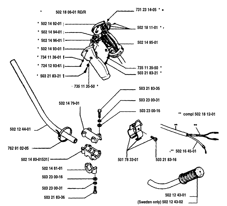 Pole Assembly Diagram and Parts List for 125L 1993-04 Husqvarna Trimmer