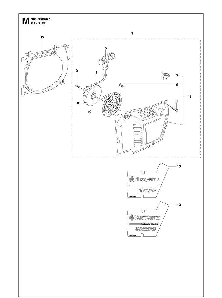 Starter Diagram and Parts List for 390 2013-09 Husqvarna Chainsaw