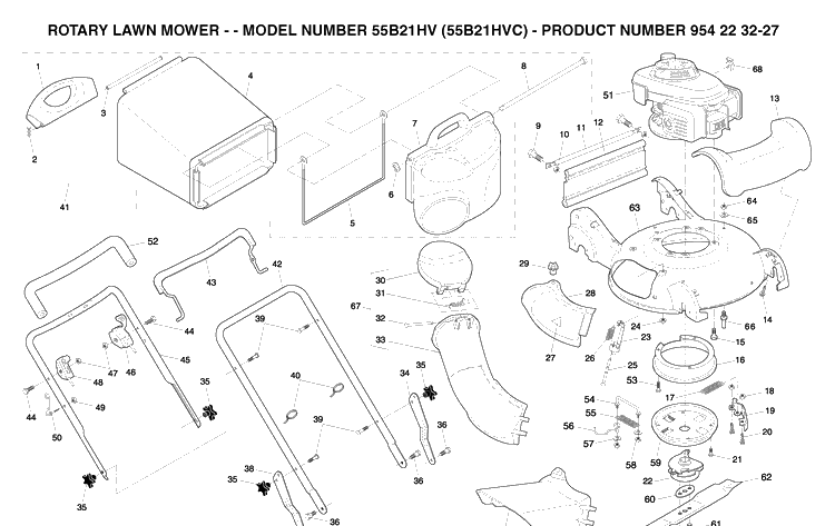 Repair Parts Diagram and Parts List for 55B21HV (954223227)(2004-03) Husqvarna Lawn Mower