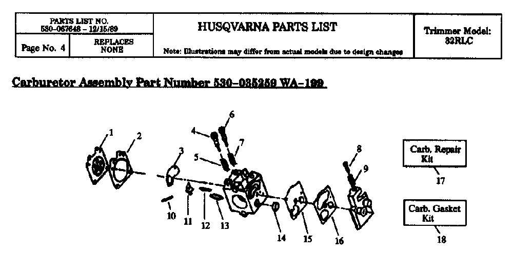 Carburetor Details Diagram and Parts List for 32RLC 1990-01 Husqvarna Brush Cutter