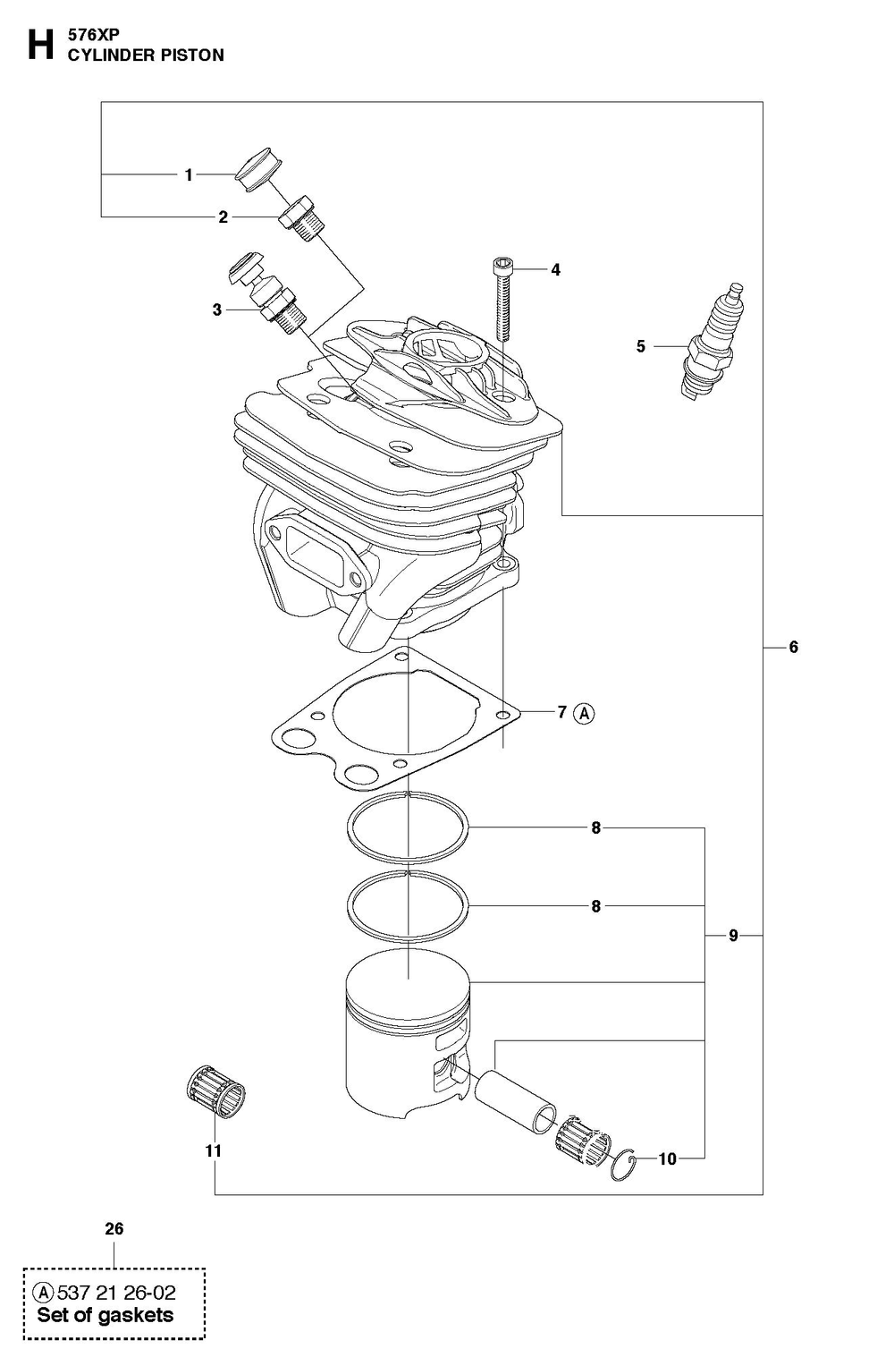 Cylinder Piston Diagram and Parts List for 576XP-576XPG 576 XP W - 576 XP GW Husqvarna Chainsaw