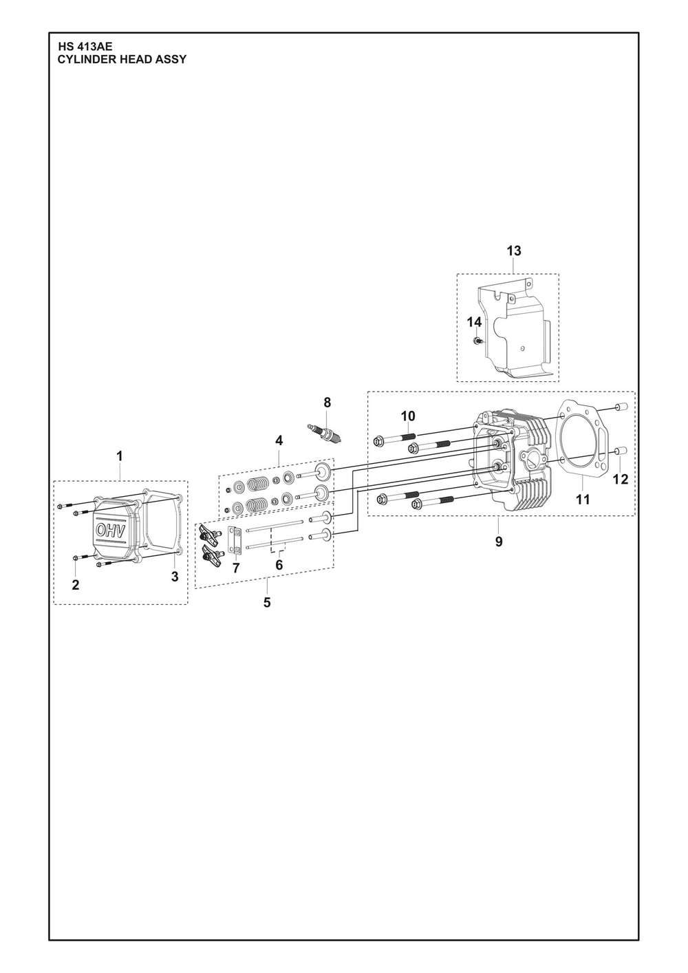 Cylinder Head Assembly Diagram and Parts List for HS413AE  Husqvarna Engine