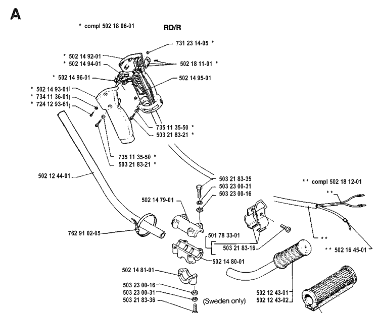 Handle And Controls 2 Diagram and Parts List for 132R 19920100001-19931400000 Husqvarna Brush Cutter