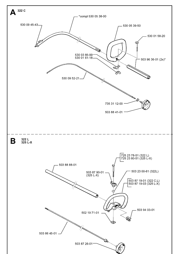Shaft And Handle Diagram and Parts List for 325RX 19991000001-20001900000 Husqvarna Brush Cutter