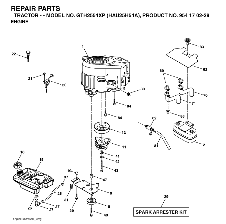 Engine Diagram and Parts List for GTH2554XP (HAU25H54A)(2004-09) Husqvarna Lawn Tractor