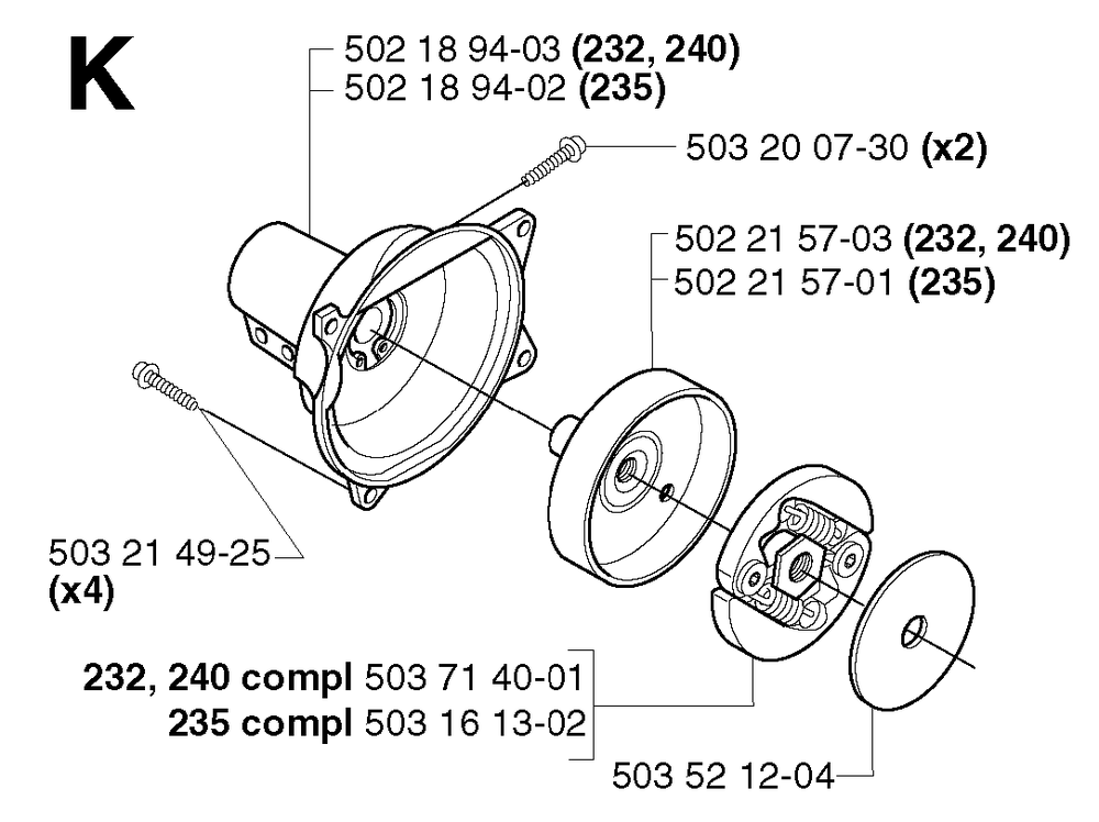 Clutch Diagram and Parts List for 240RJ 20023500001 & Above Husqvarna Trimmer