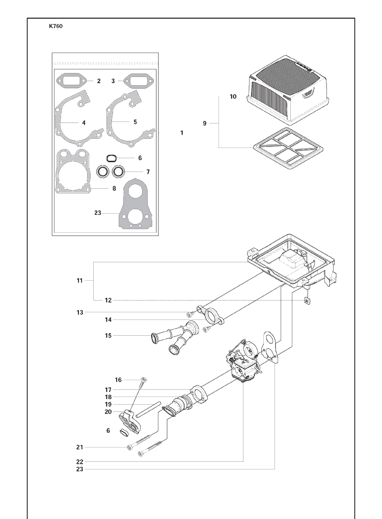 Filter And Gasket Kit Diagram and Parts List for K760 2009-12 Husqvarna Lawn Tractor Accessories