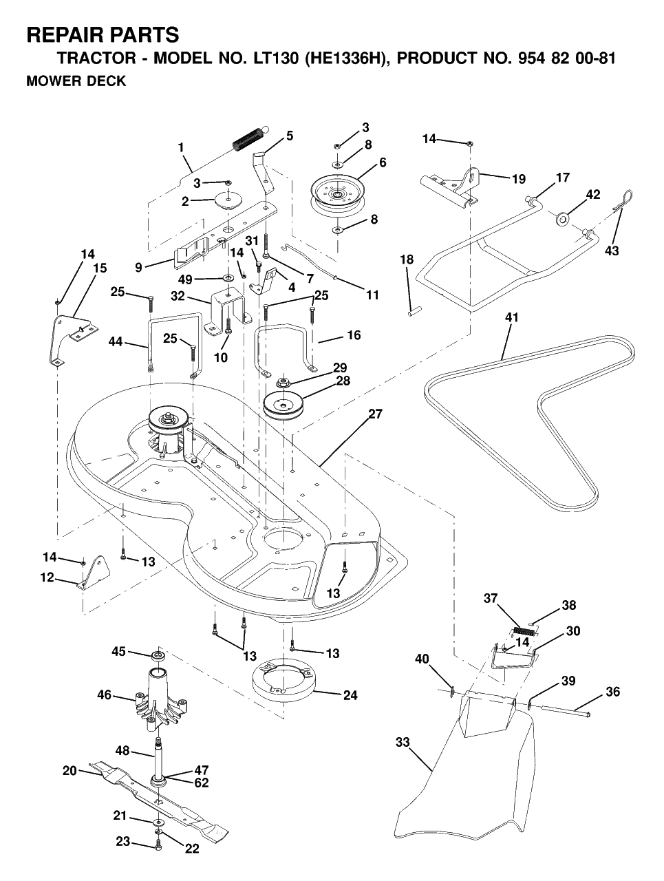 Mower Deck / Cutting Deck Diagram and Parts List for LT130 (954820081-H)(2000-03) Husqvarna Lawn Tractor