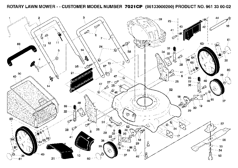 Product Complete Diagram and Parts List for 7021CP (96133000200)(2005-01) Husqvarna Lawn Mower
