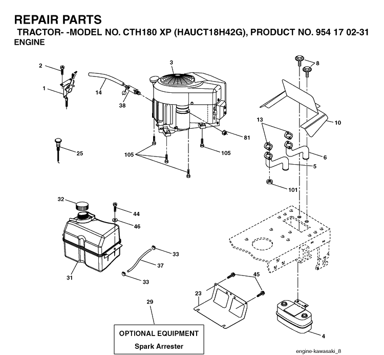 Engine Diagram and Parts List for CTH180XP (HAUCT18H42G)(2005-04) Husqvarna Lawn Tractor