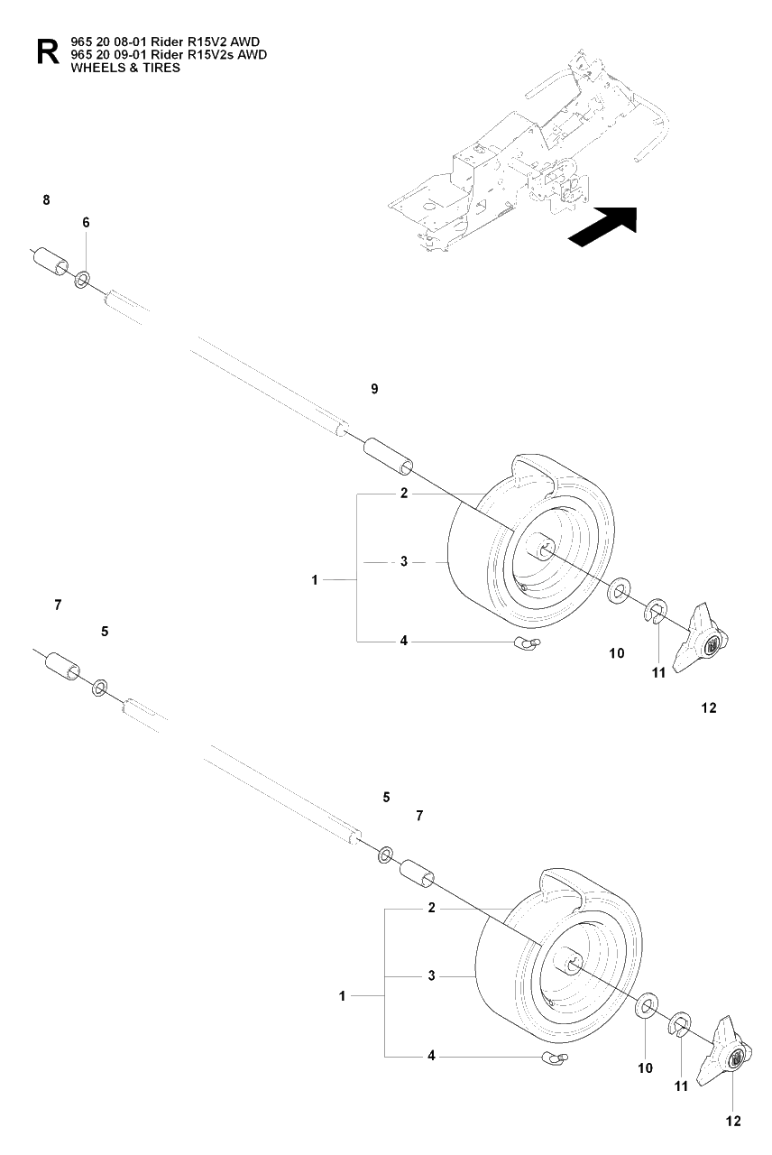 Wheels And Tires Diagram and Parts List for R15-V2AWD 2008-01 Husqvarna Lawn Tractor