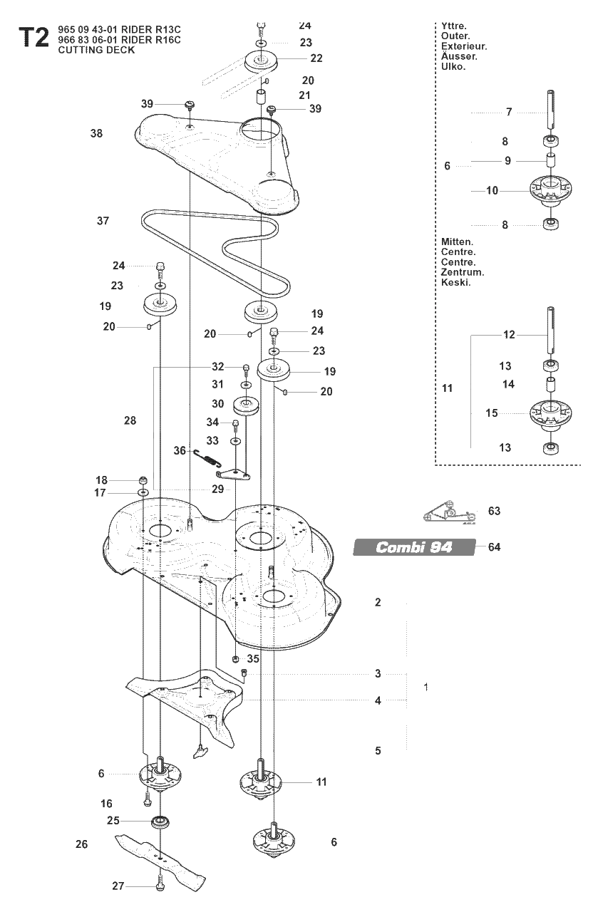 Mower Deck / Cutting Deck 2 Diagram and Parts List for R13C (965094301)(2008-04) Husqvarna Lawn Tractor
