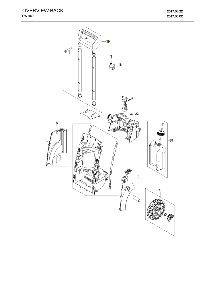 Overview Back Diagram and Parts List for PW460 (967678001)(2017-10) Husqvarna Pressure Washer
