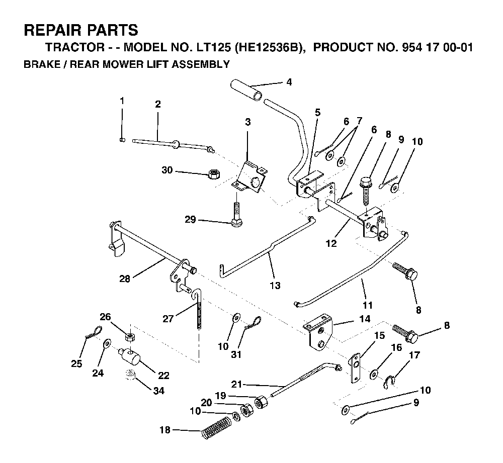 Brake / Rear Mower Lift Diagram and Parts List for LT125 (HE12536B, 954170001)(1996-10) Husqvarna Lawn Tractor