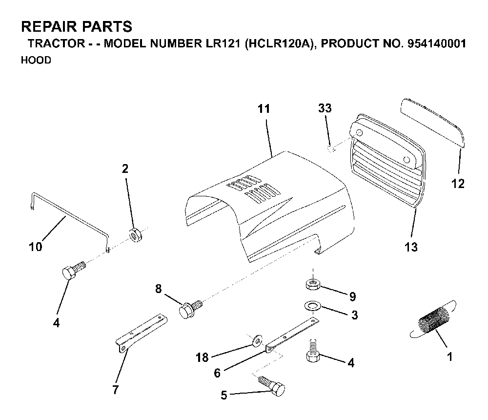 Hood Diagram and Parts List for LR121 (HCLR120A, 954140001)(1996-08) Husqvarna Lawn Tractor