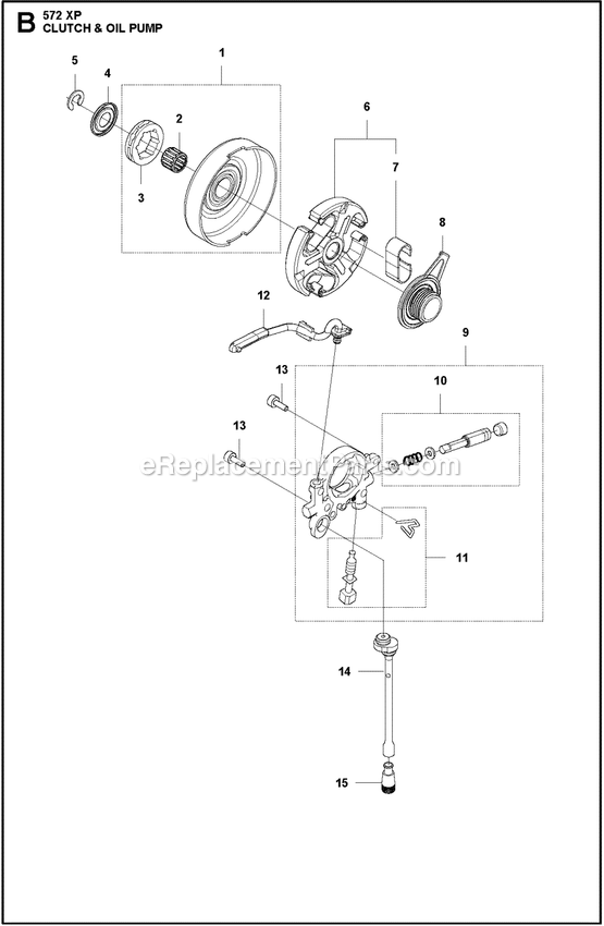 Clutch And Oil Pump Diagram and Parts List for 572XPG  Husqvarna Chainsaw